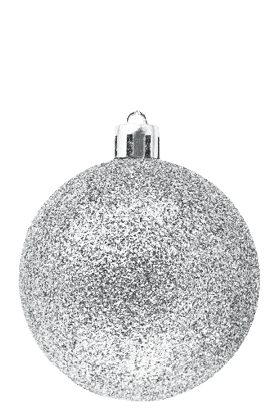 Hanging silver glitter Christmas bauble isolated on a white background.
