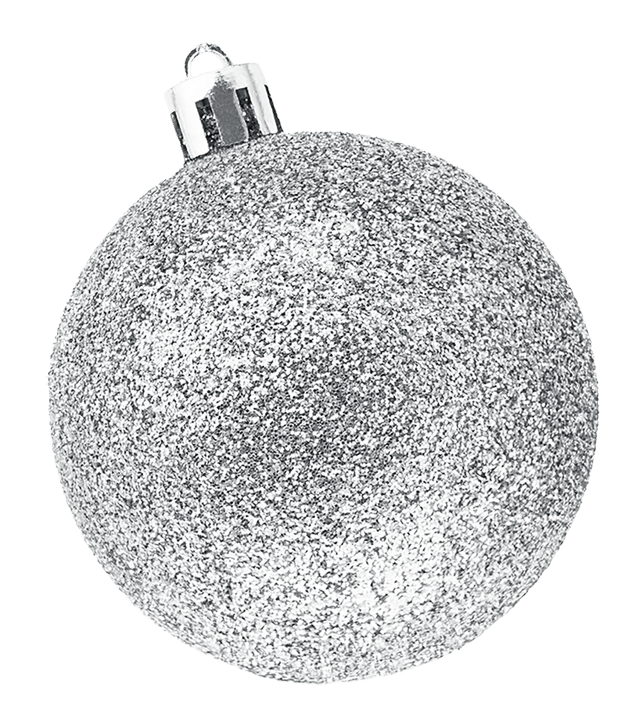 Hanging silver glitter Christmas bauble isolated on a white background.