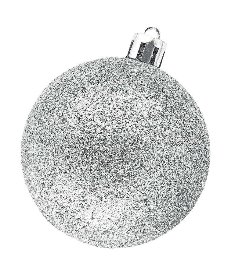 Hanging silver glitter Christmas bauble isolated on a white background.