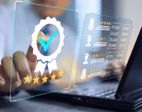 Quality assurance and customer satisfaction in star rating survey. Businessman touch to activate quality sign to promote the business in global marketing. Digital evaluate approve ISO quality concept