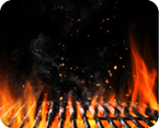 Empty flaming charcoal grill with open fire, ready for product placement. Concept of summer grilling, barbecue, bbq and party. Black copyspace