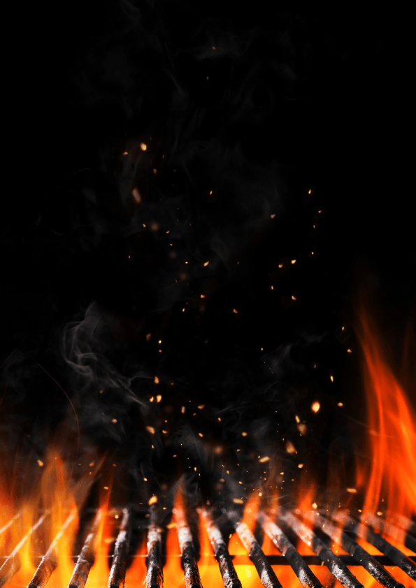 Empty flaming charcoal grill with open fire, ready for product placement. Concept of summer grilling, barbecue, bbq and party. Black copyspace