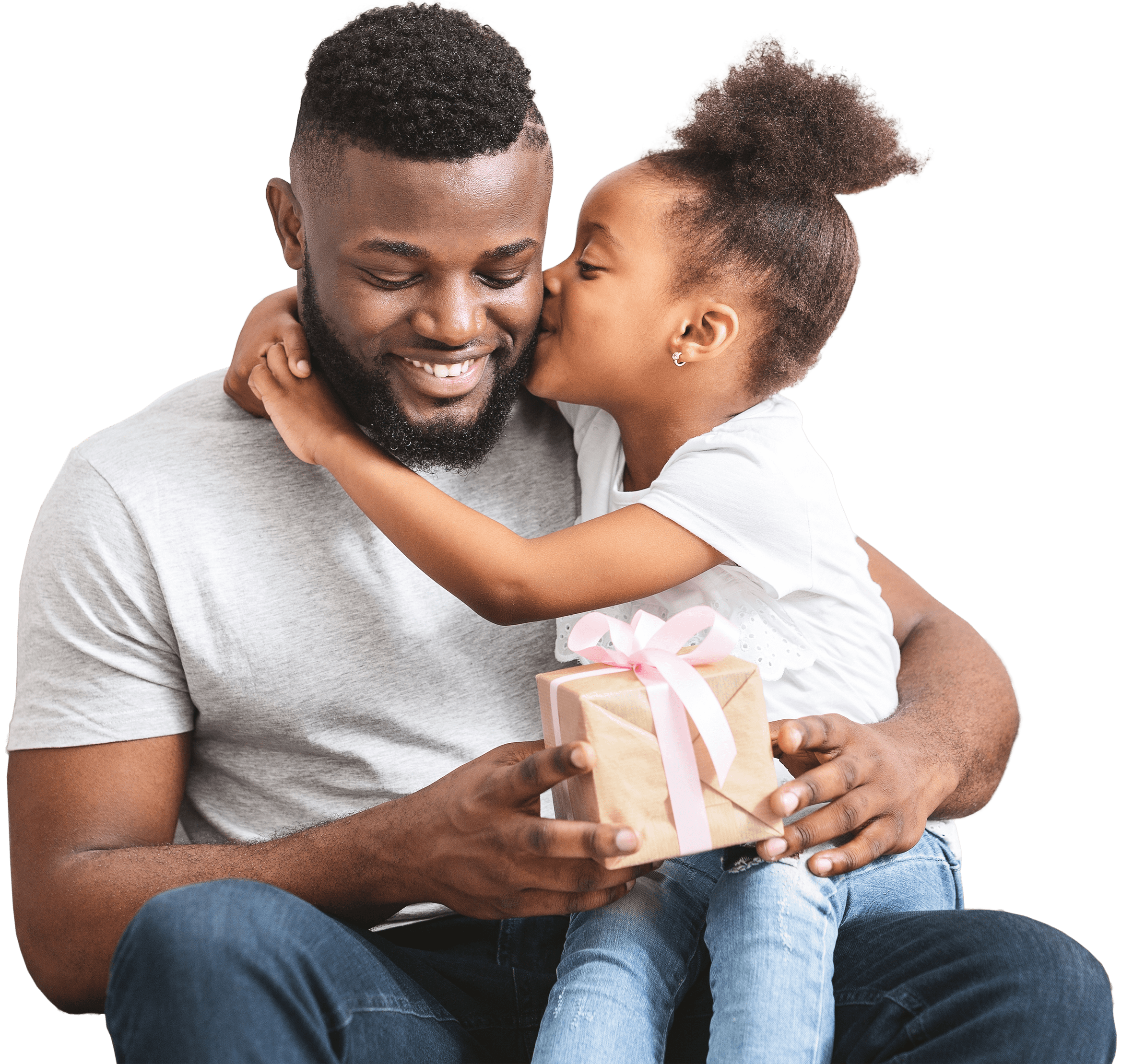 Beautiful preschool afro girl greeting her daddy with birthday, daughter kissing dad, impressed man holding gift box, home interior, copy space