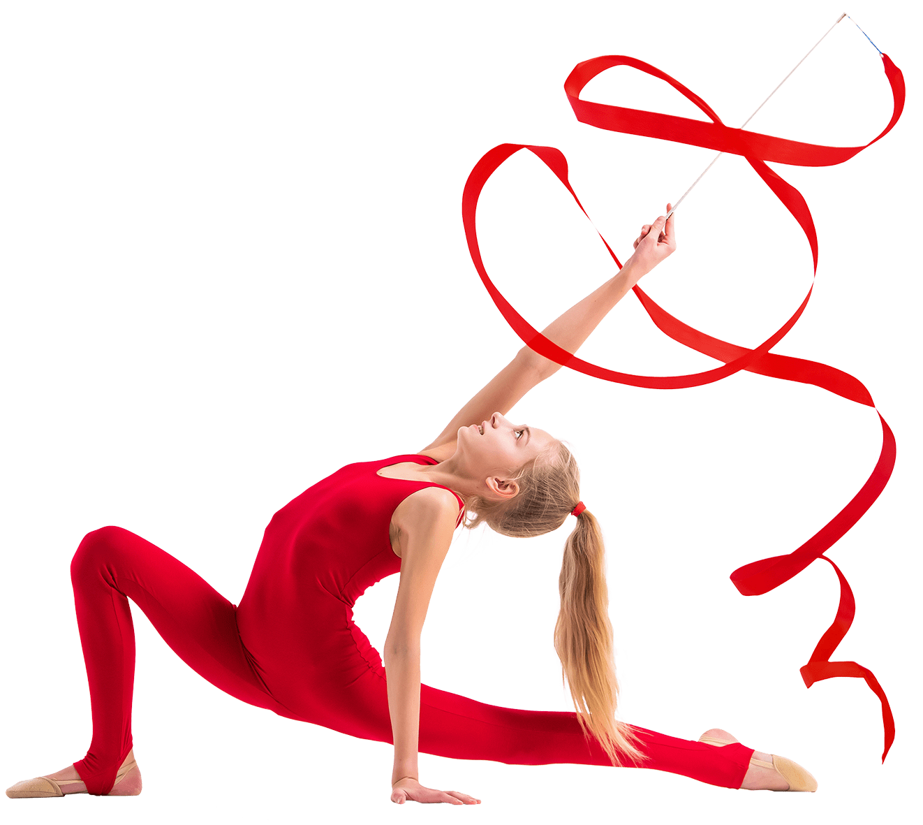 Girl gymnast in red overalls does exercise with a ribbon on white background, isolate.
