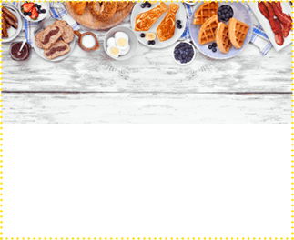 Fathers Day brunch top border. Above view on a white wood banner background. Tie pancakes, mustache toast and a variety of dad themed food.