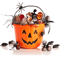 Trick or treat halloween bucket filled with candies and spiders on white background