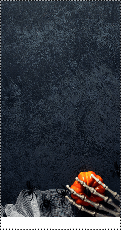 Happy Halloween holiday poster design. Flat lay Halloween decorations, pumpkins, skull, mummy hands wrapped bandages on stone table. Top view, copy space.