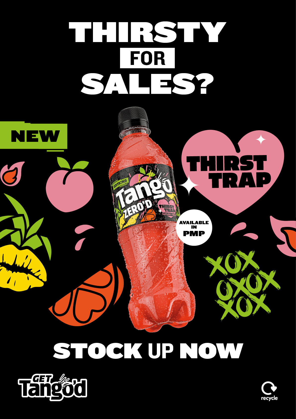 A bottle of Tango is on display with a heart and a heart-shaped XOXO. Description generated by AI
