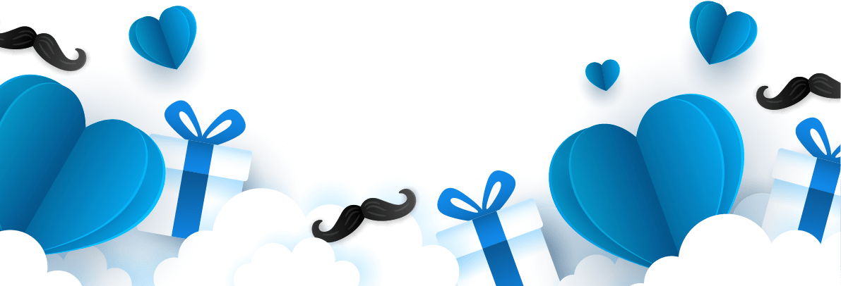 A row of blue hearts with mustaches on them. Description generated by AI
