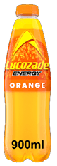 A bottle of Lucozade Energy Orange. Description generated by AI