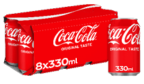 A red box with a can of coca cola and another can of coca cola. Description generated by AI