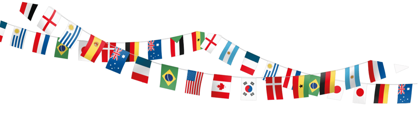 A row of flags from different countries. Description generated by AI