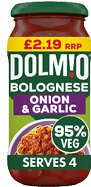 A jar of Dolmio Bolognese sauce with 95% veg. Description generated by AI