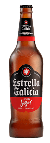 A bottle of Estrella Galicia beer. Description generated by AI