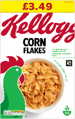A box of corn flakes with a rooster on the front. Description generated by AI