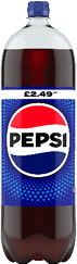 A bottle of Pepsi with a blue, white, and red label. Description generated by AI