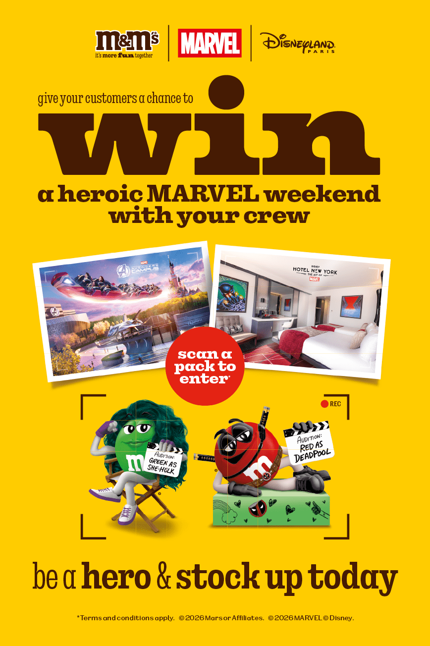 A yellow advertisement for a Marvel weekend with a red circle and a green monster. Description generated by AI