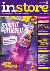 A magazine cover with a purple background and a bottle of Lucozade on it. Description generated by AI