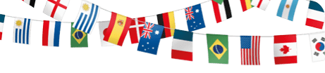 A string of flags from different countries hangs in the air. Description generated by AI