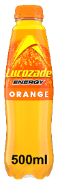 A bottle of Lucozade Energy Orange. Description generated by AI