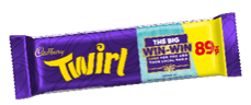 A purple and yellow wrapper with the words Cadbury Twirl on it. Description generated by AI