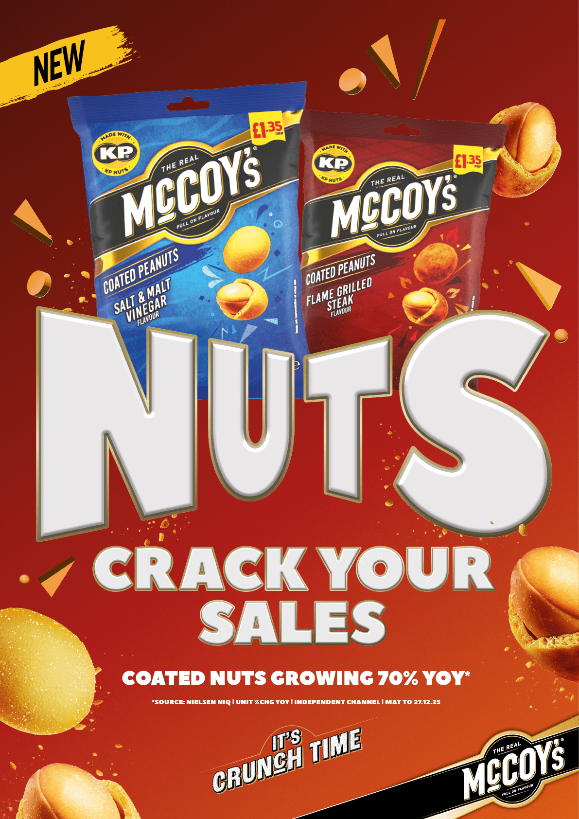 A red and blue advertisement for McCoy's nuts. Description generated by AI