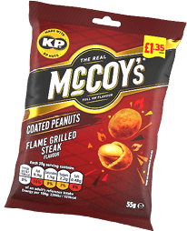 A red bag of McCoy's coated peanuts. Description generated by AI