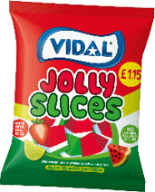 A bag of jelly slices with a green, red, and yellow color scheme. Description generated by AI