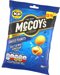 A bag of McCoy's salt and malt vinegar flavored peanuts. Description generated by AI