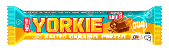 A YORKIE bar with salted caramel and pretzel flavors. Description generated by AI