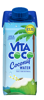 A blue and white carton of coconut water. Description generated by AI