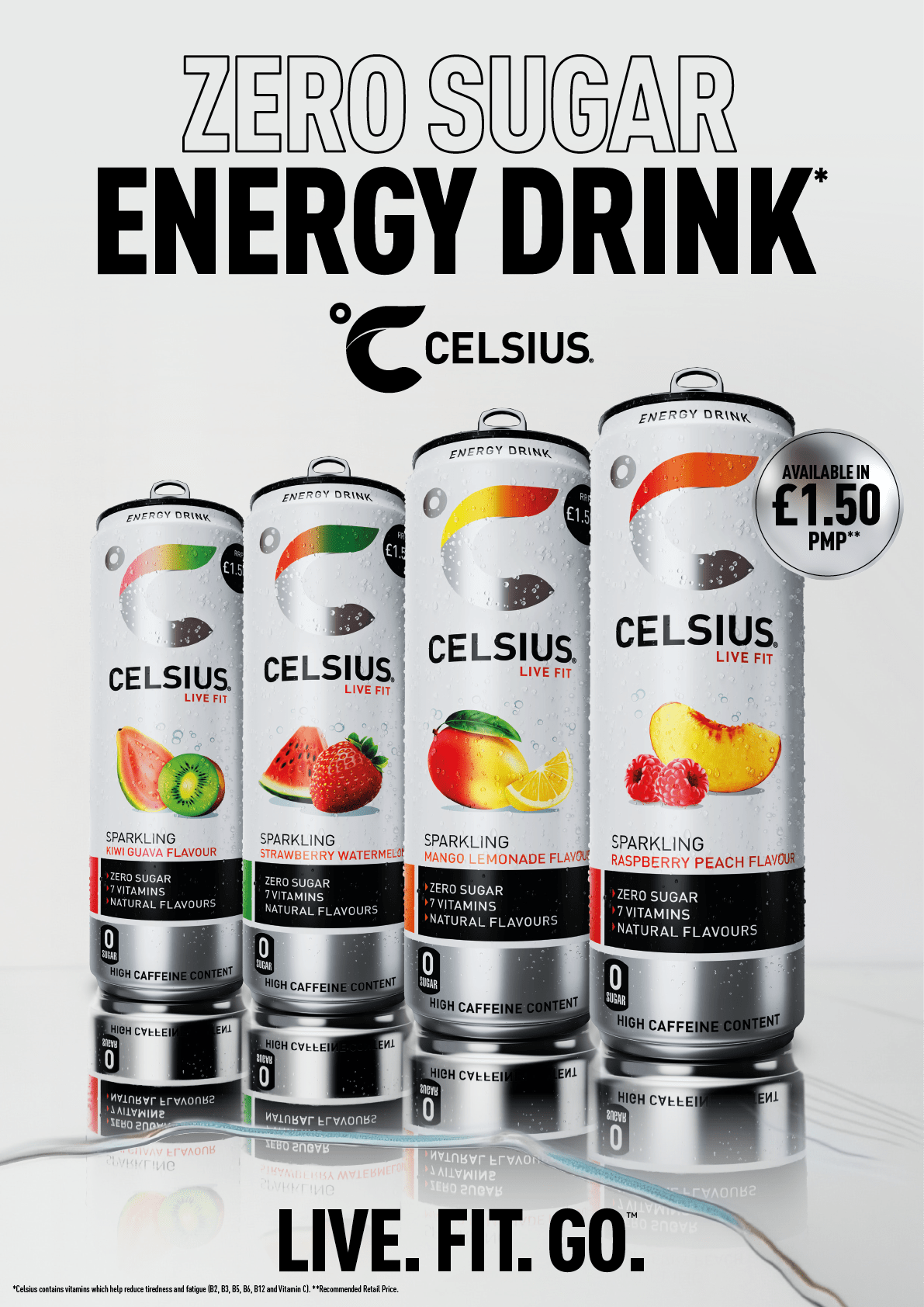 Three cans of energy drinks with fruit flavors. Description generated by AI