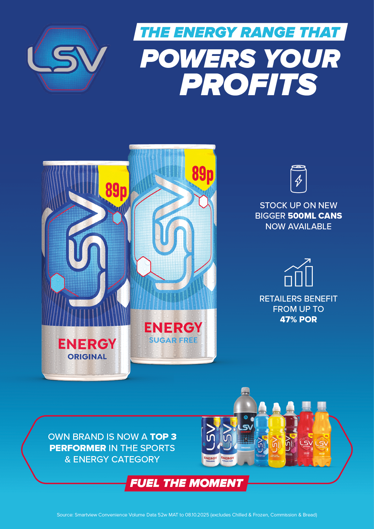 A blue and white advertisement for energy drinks. Description generated by AI