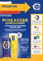 A poster advertising Fosters beer with a yellow and blue background. Description generated by AI