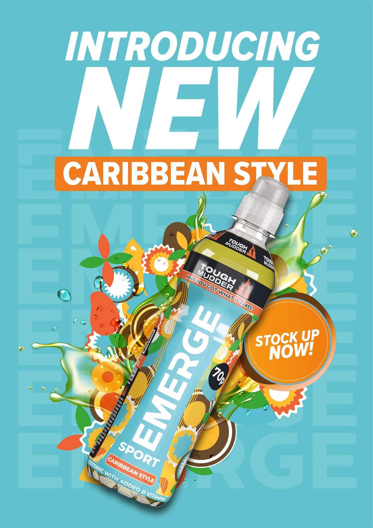 A bottle of Emerge Sport drink with a tropical fruit flavor. Description generated by AI
