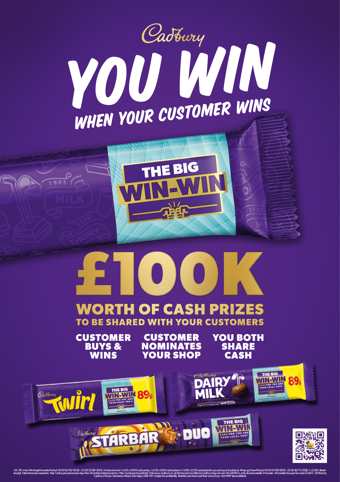 A purple advertisement for Cadbury chocolate. Description generated by AI