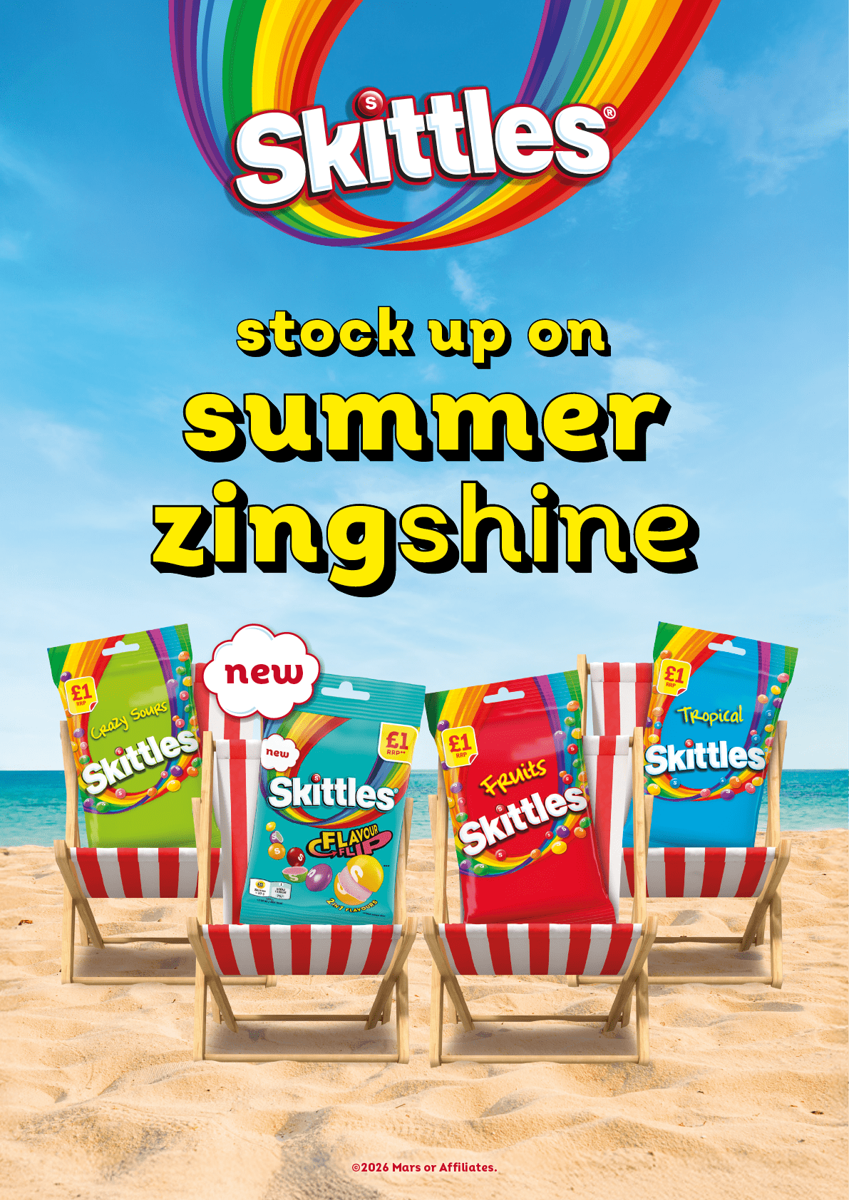 A colorful advertisement for Skittles candy. Description generated by AI