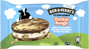 A Ben & Jerry's ice cream sandwich with a cookie dough filling. Description generated by AI