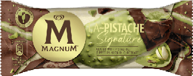 A chocolate and pistachio flavored Magnum bar. Description generated by AI