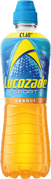 A bottle of Lucozade Sport orange flavored drink. Description generated by AI