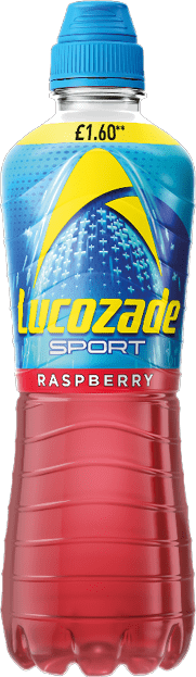 A bottle of Lucozade Sport with a red liquid. Description generated by AI