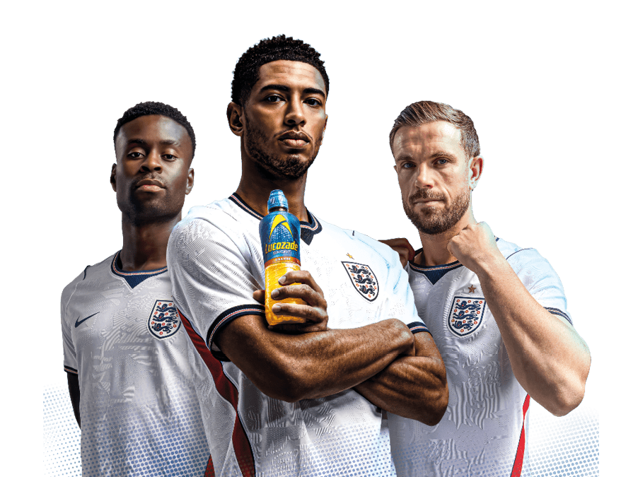 Three men wearing white shirts and holding a bottle of energy drink. Description generated by AI