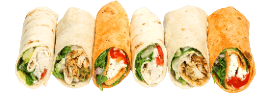 A row of wraps with various fillings. Description generated by AI