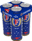 Three cans of Fosters beer. Description generated by AI