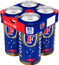 Four cans of Fosters beer. Description generated by AI