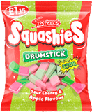 A bag of Squizzles drumsticks with a green and red striped design. AI generated content