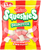 A bag of Squashies drumsticks with a pink and yellow wrapper. AI generated content
