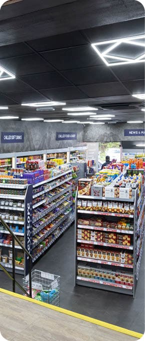 A store with a black and white checkered floor. Description generated by AI
