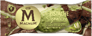 A bar of Magnum ice cream with a green and brown wrapper. Description generated by AI