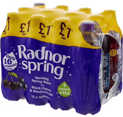 A box of Radnor spring water with a black cherry flavor. Description generated by AI